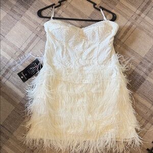 bebe Strapless White Feather Dress